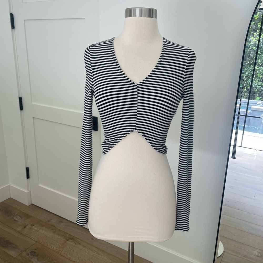Reformation Black & White Striped V-Neck Long Sleeve Crop Top